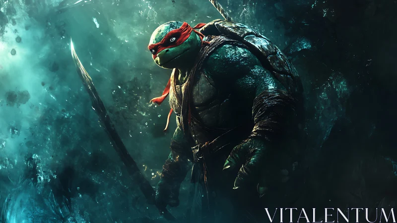 Armored turtle warrior stands in stormlit underwater cavern.