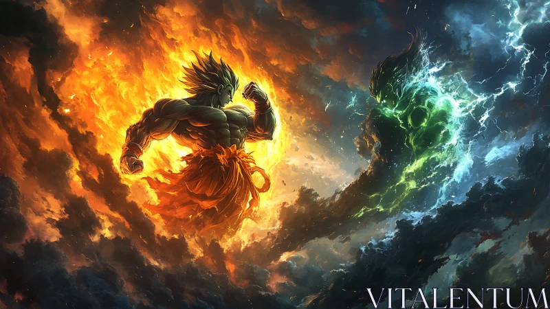 Elemental warriors collide in blazing cosmic storm sky