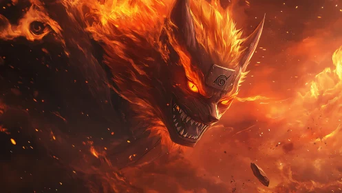 Demonic fox spirit erupts from swirling inferno sky