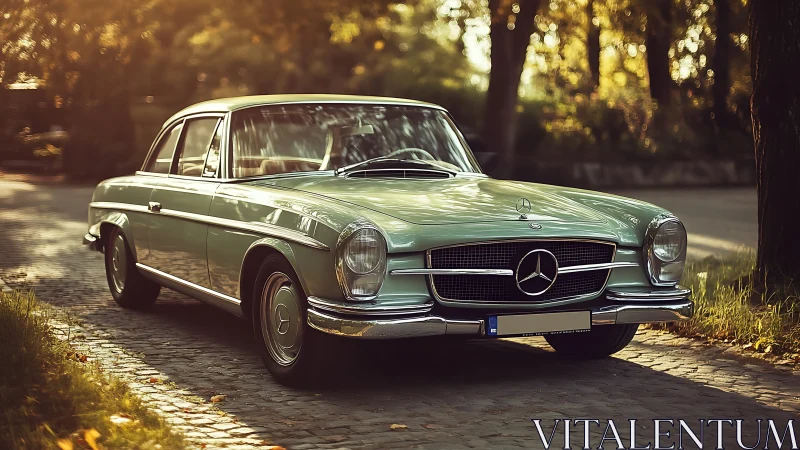 Sunlit mint coupe glides through a golden retro afternoon