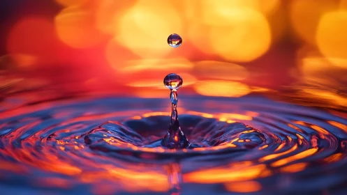 Water droplet impact with concentric ripples and bokeh background.