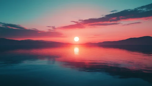 Sunset over calm water with distant silhouetted hills.