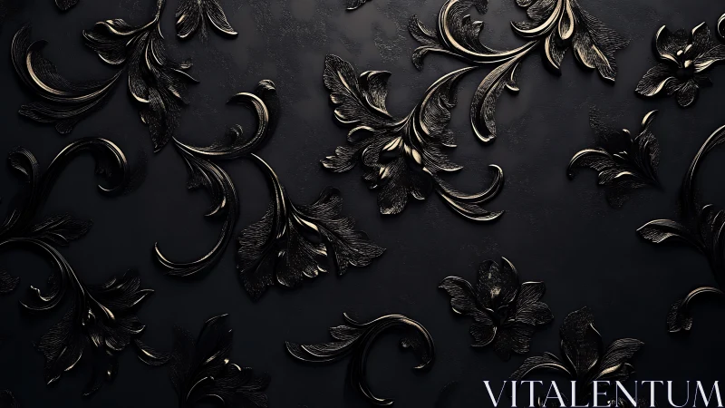 Embossed dark floral scrollwork pattern in metallic relief.