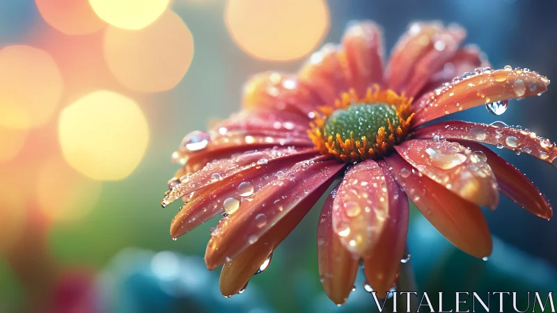Gerbera Daisy with Prismatic Water Droplets and Bokeh Illumination.