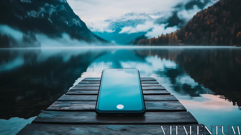 Modern Smartphone at Peaceful Alpine Lake Dock