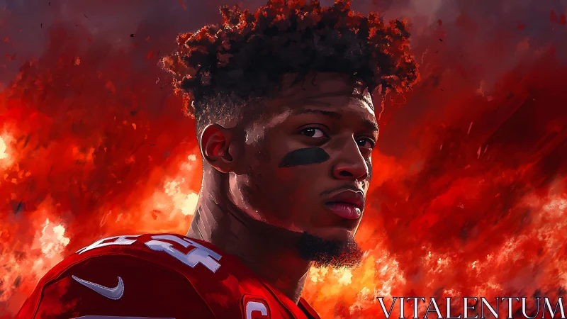Digital portrait of football player against fiery backdrop.