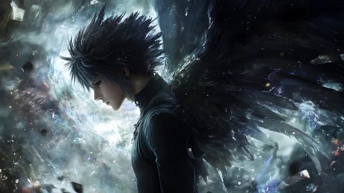 Brooding angelic warrior drifts through a storm of fractured light