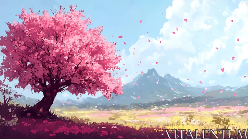 Blossoming cherry tree overlooking luminous spring valley.