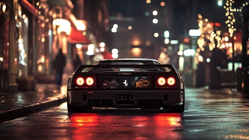Sports car rear view is shown on wet city street at night