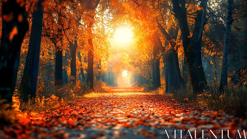 Autumn Sunlight Through Golden Forest Path
