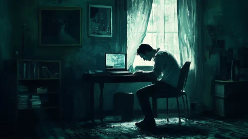 Solitary writer bends over laptop in dim teal room.