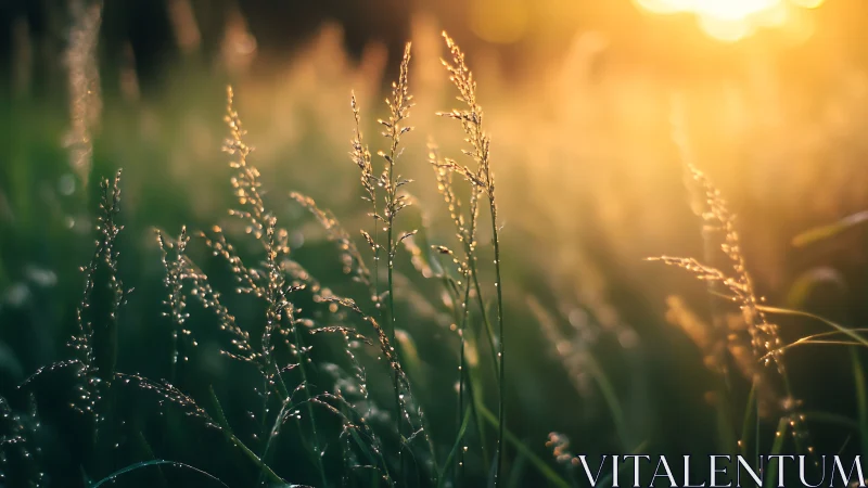 Backlit grass stems with dewdrops in warm evening light.
