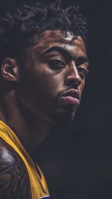 Intense close-up portrait of focused basketball player.