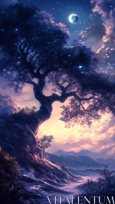 Twisted tree over glowing valley beneath starry sky.