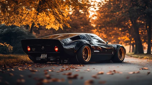 Midnight muscle car prowling beneath ember autumn trees.