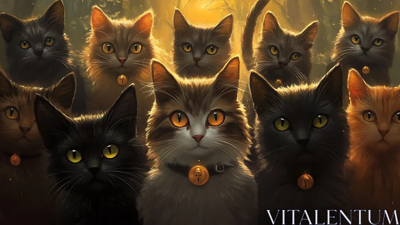 Golden-Eyed Feline Collective Illuminated by Ethereal Light.