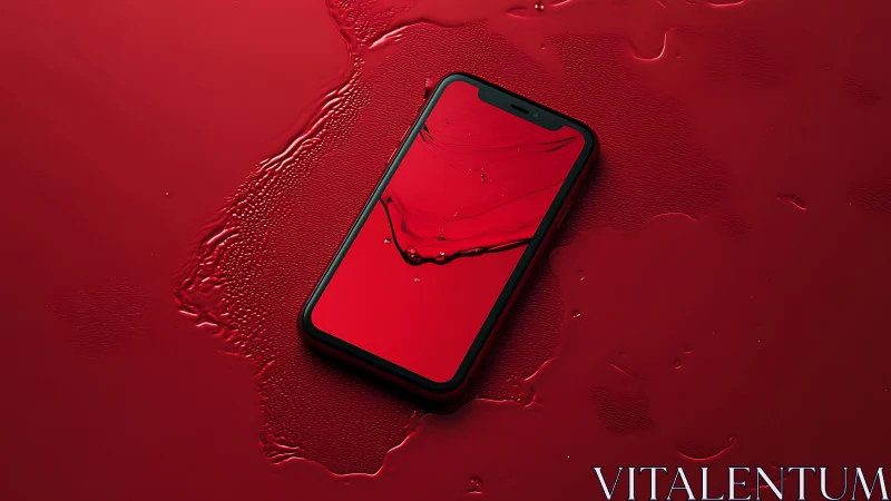 Black smartphone on red wet surface with glossy liquid.