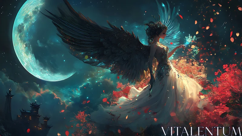 Moonlit winged maiden amid crimson blossoms in flight.