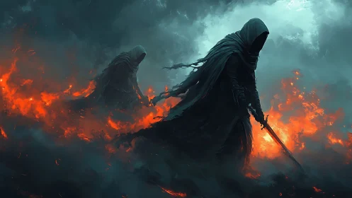 Hooded warriors walk through blazing fire and smoke at night.