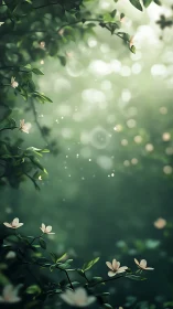 Soft-focus forest bokeh envelops delicate white blossoms in mist