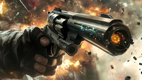 Handgun erupts amid cinematic explosions and flying debris