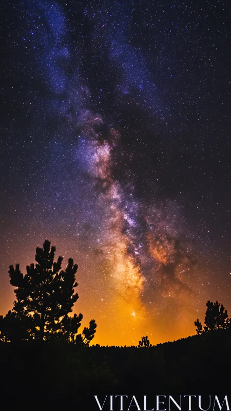 Galactic core over silhouetted conifers in long‑exposure nightscape.
