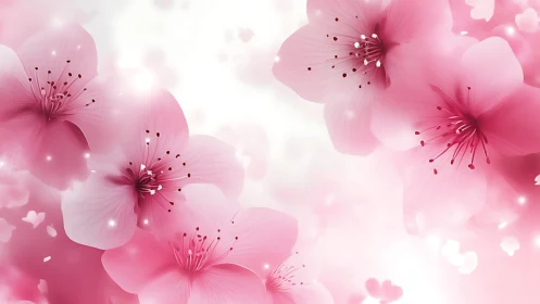Soft-focus botanical rendering featuring pink blossoms with delicate radial stamen structures