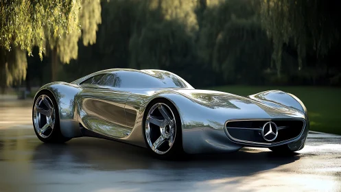 Silver comet coupe glides through sunlit garden asphalt.