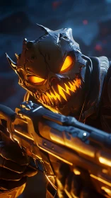 Flaming demon soldier with rifle in molten battle glow.