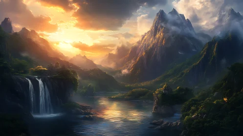 Sunlit fantasy mountains encircle a tranquil river valley.
