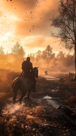 Rider traversing wet trail under volumetric sunset haze.