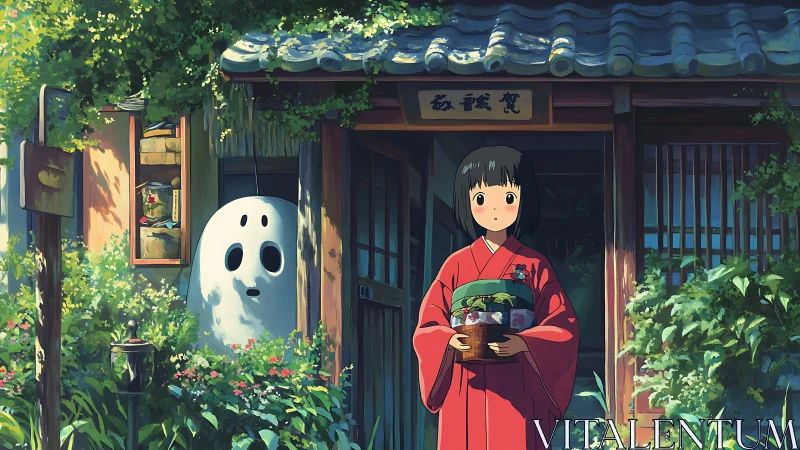 Girl in red kimono stands before traditional house entrance