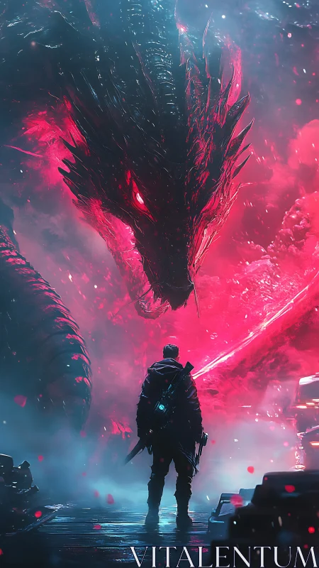 Armored soldier confronts bioluminescent cyber-dragon in neon fog
