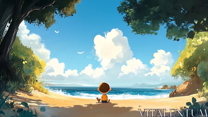 Child Contemplates Endless Ocean Beach Serenity.