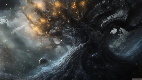 Cosmic world-tree unfurls starlit roots across the void.