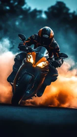 Sportbike rider cornering through illuminated tire smoke cloud