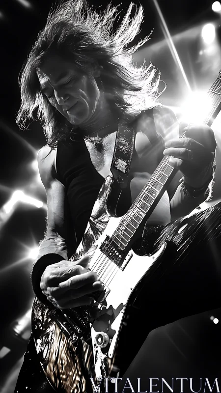 Guitarist performs on stage under intense directional lighting