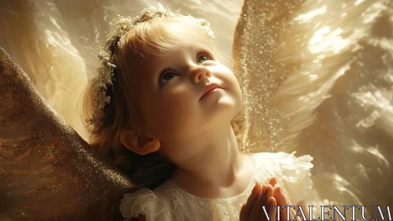 Small child in angel costume under warm glowing light.