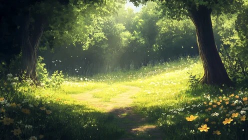 Sunlit Forest Passage: Where Golden Rays Pierce Emerald Canopy.
