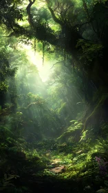 Dense tropical forest interior with dramatic light rays and vegetation