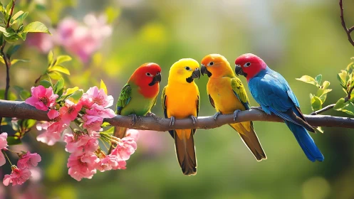 Colorful Parrots on a Blossom Branch in Vibrant Spring Style.