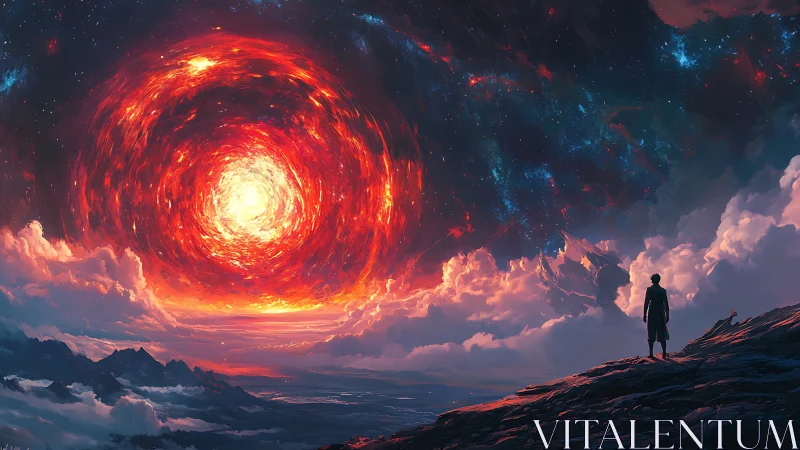 Lone figure witnesses colossal flaming vortex in sky.