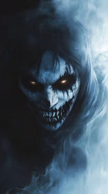 Grim spectral figure emerges from high contrast blue mist