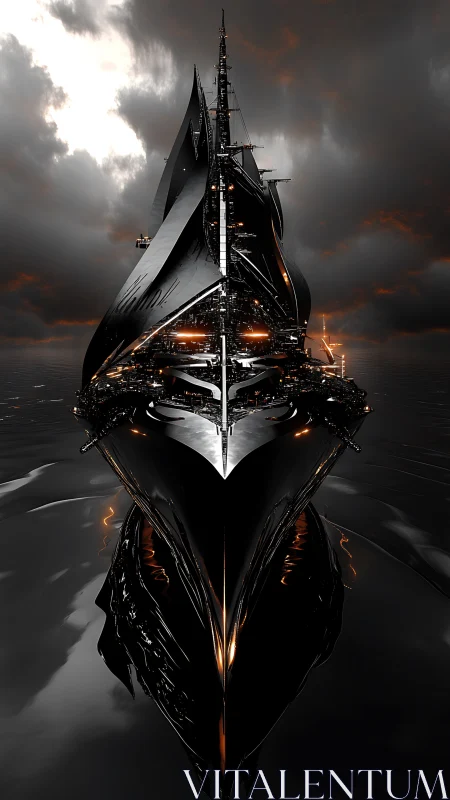 Midnight warship carves molten light across storm seas.