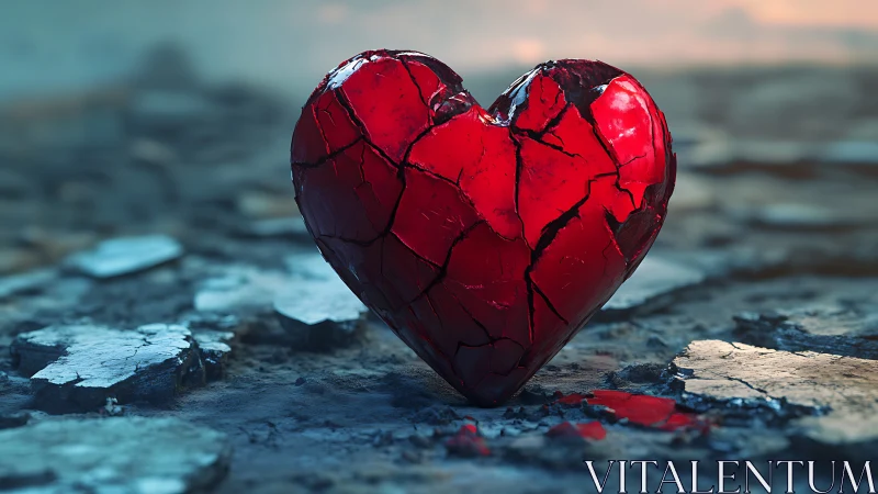 Fractured crimson heart resting on weathered coastal ground.
