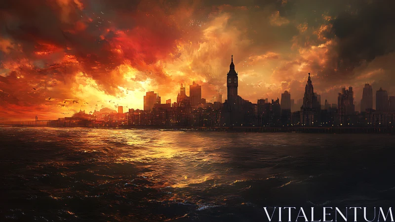 Fiery sunset over dramatic coastal city skyline and sea.