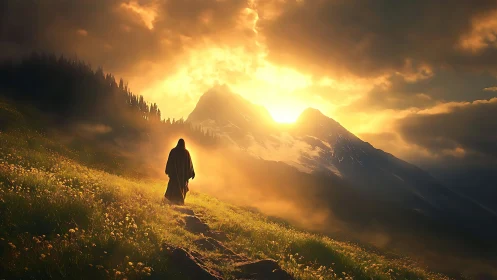 Solitary cloaked wanderer beneath blazing mountain sunrise.