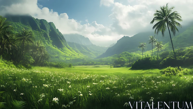 Tropical valley meadow under soft morning mountain light