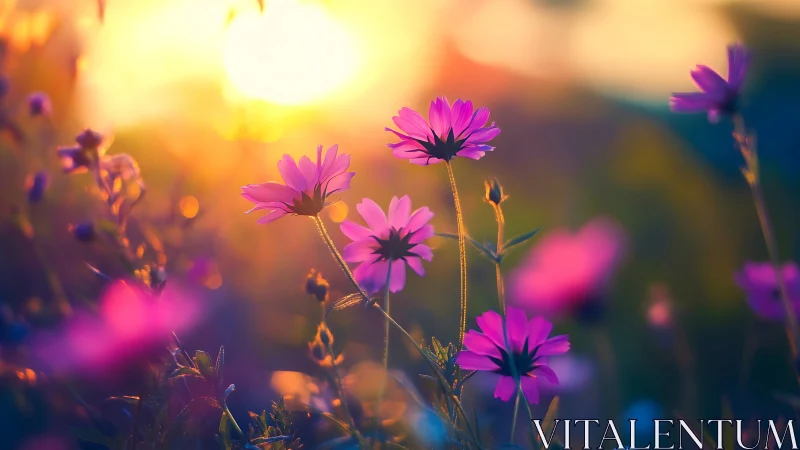 Pink Cosmos Blooms Dancing at Golden Hour.