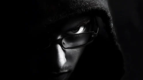 Moody hooded portrait with thoughtful gaze in deep shadow.